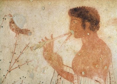 (Detail) Musician Playing a Double Flute, from the Tomb of the Triclinium by Etruscan